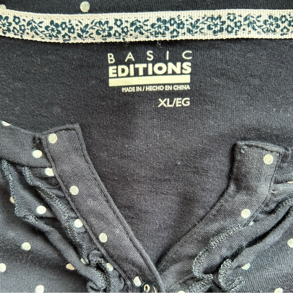 4/$20 Basic Editions XL Navy Blue Polka Dot Cotton Henley Long Sleeve Top - Picture 3 of 3